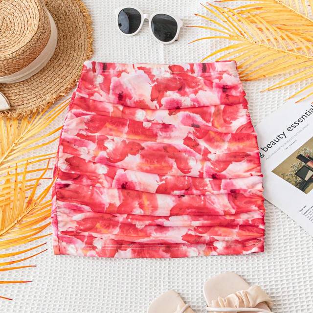 Soleia Women&#39;s Holiday Red Tie Dye Abstract Printed Knit Mesh Ruched Slim Fit Mini Skirt