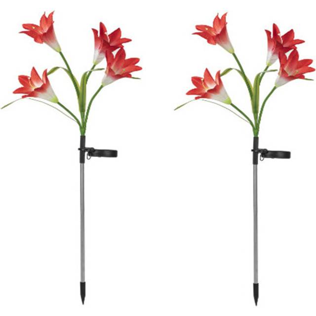 (Red) Solar Lily Flower Lights 4-Head White Color Light