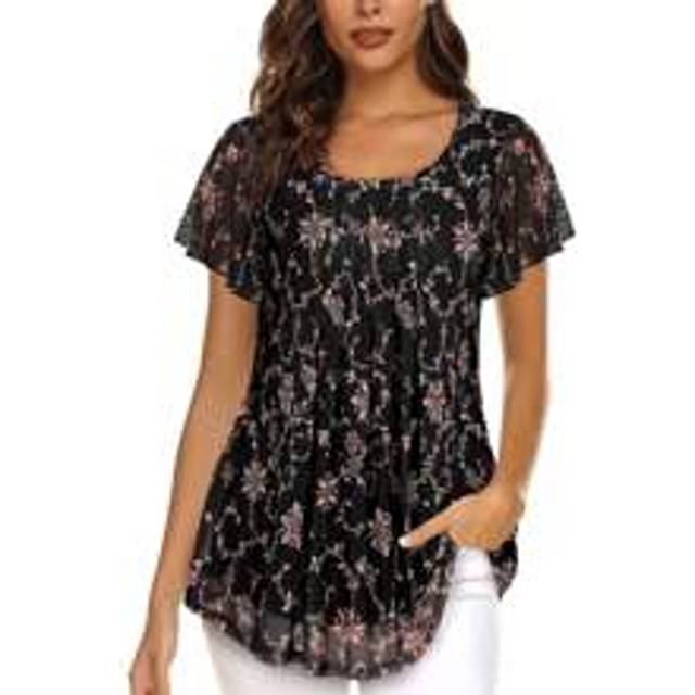 Kvinnors Kort Ärm Tunika Blommigt Dubbla Lager Enkel Blusar Skjortor - Svart (L,M,S,XL,XXL)