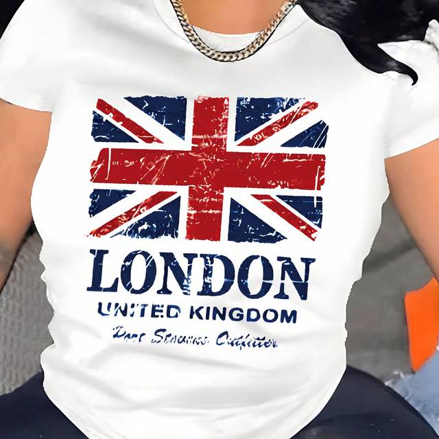 Maweii Fashionable London UK Flag Heat Transfer Print Casual Short Sleeve T-Shirt LONDON UNITED KINGDOM Graphic Tees Women Tops