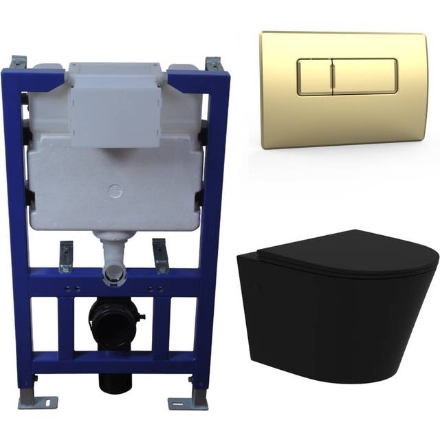 Matt Black Wall Hung Rimless Toilet with Soft Close Seat Brass Pneumatic Flush Plate 820mm Frame & Cistern - Verona