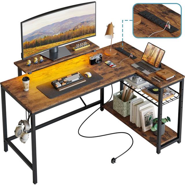 Bestier 132.5 cm L-Shaped Desk with 3 Power Outlets & 2 USB Ports, LED Strip Lights ? Reversible Corner PC Workstation with Shelves & Hooks for Home