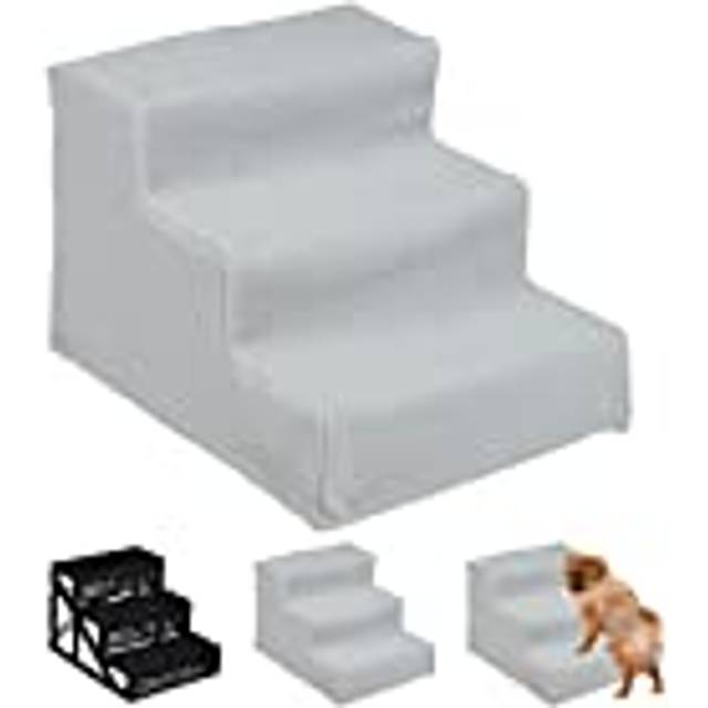Relaxdays - Dog Stairs, 3 Steps, Pets Access Ramp, Climbing Aid Bed, Sofa & Car, Max. 33 kg, 30x35x45 cm, Grey