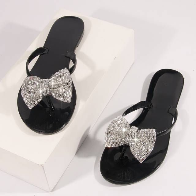 SHEIN Preppy Outdoors Thong Sandals For Women, Bow & Rhinestone Decor Jelly Toe Post Flat Sandals Valentines