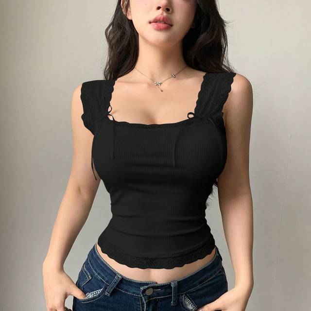 DAZY Lace Trimmed Tie-Up Slim Fit Sleeveless Tank Top For Women Going Out Tops Summer