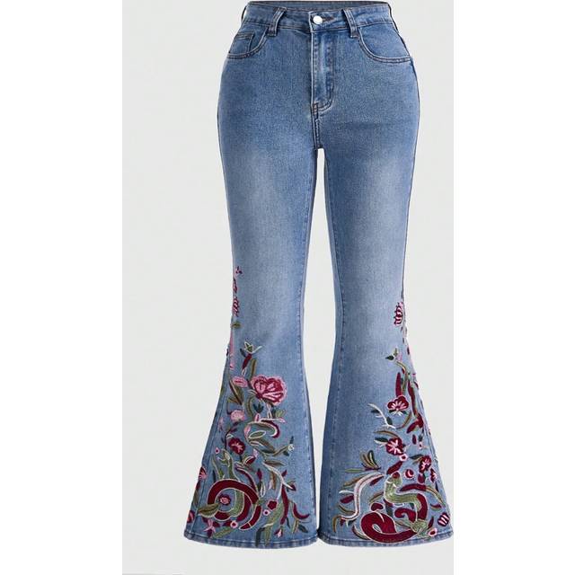 ROMWE Plus Size Flower Embroidery Flared Jeans, School