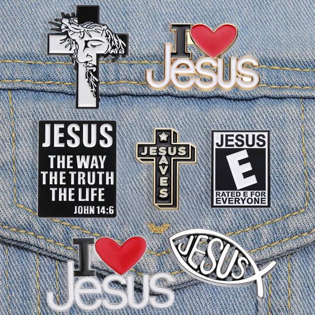 SHEIN 7pcs Jesus Saves Enamel Pins Simple Black Fish Shape Vintage Brooches Lapel Badges Classic Jewelry Gift For Friends