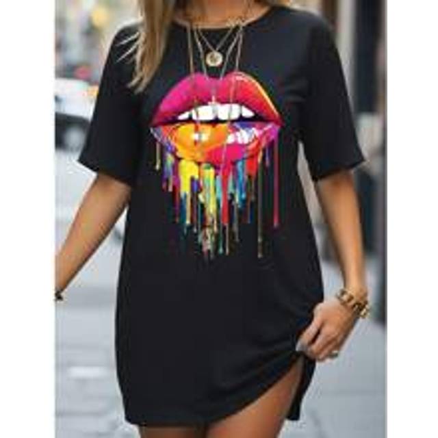 Dam Sommar Läppar Tryckt Rund Hals Kortärmad Lång Avslappnad T-shirt Grafiska T-shirts Dam Toppar För Våroutfit - Svart (L,M,S,XL)
