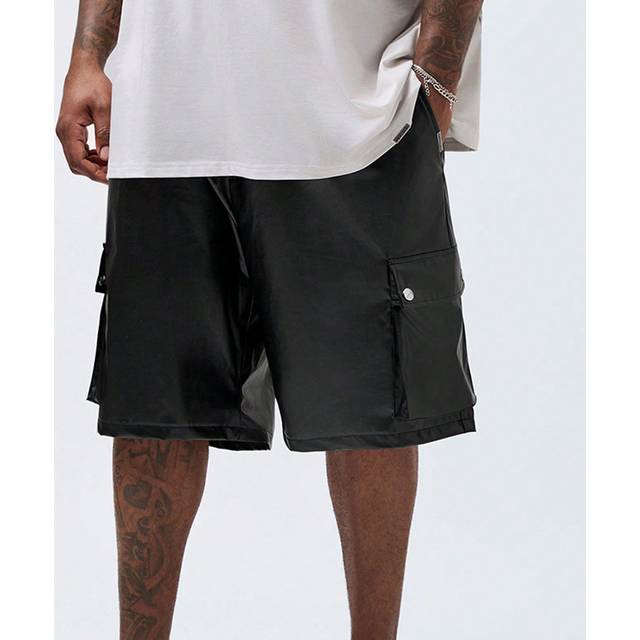 Manfinity Men&#39;s Plus Size Casual Matte Elastic PU Leather Shorts With Zipper, Work Style Pockets, Suitable For Summer Outdoorsy Fashion
