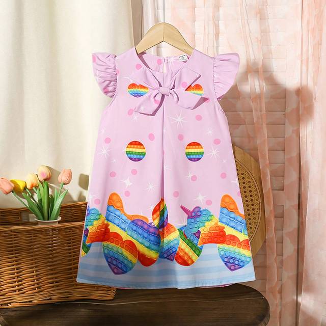 SHEIN Toddler Girls Summer New Lightweight Cute Funny Rainbow Polka Dot Heart Print Dress With Bow Decor, Cap Sleeve Princess Dress For Birthday Party, Wedd