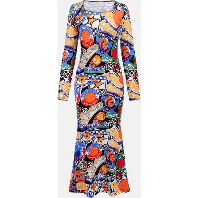 SHEIN Teenage Girls&#39; Round Neck Long Sleeve Long Basketball Print Streetwear Dress