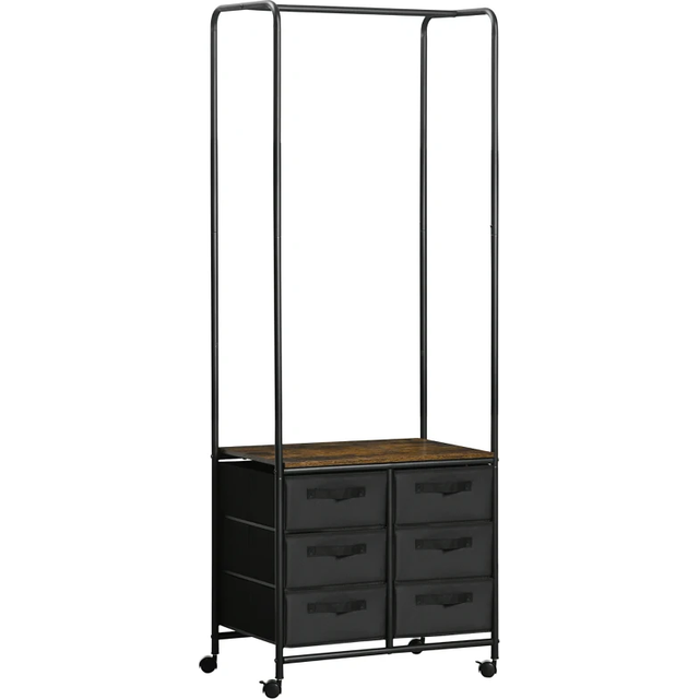 Homcom Industrial Hanging Clothes Rail, Clothes Rack With 6 Fabric Drawers, Open Wardrobe Organiser, Bedroom And Closet, Rustic Brown