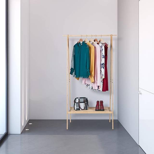 Relaxdays Bamboo Coat Rack, Foldable Wardrobe Stand, HxWxD: 170 x 100 x 56.5 cm, Clothes Rail with Shelf, Natural