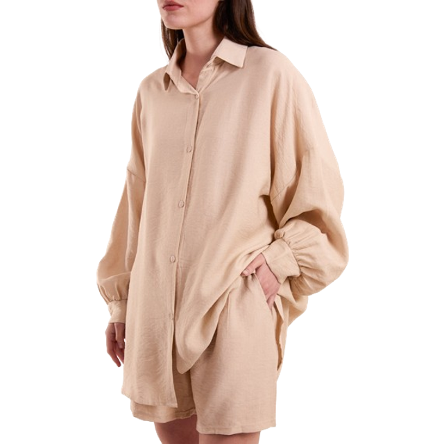 Womens Linen Shorts & Shirt Set - Beige - One Size