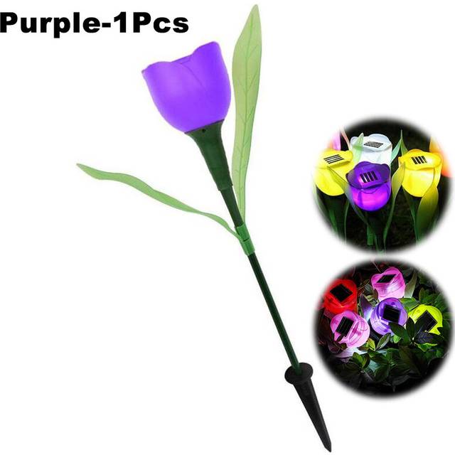 (1Head-Purple, 10PCS) Solar LED Light Outdoor Tulip Rose Flower Lamp Landscape Garden Decor