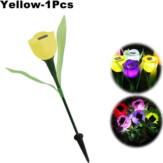 (1Head-Yellow, 10PCS) Solar LED Light Outdoor Tulip Rose Flower Lamp Landscape Garden Decor