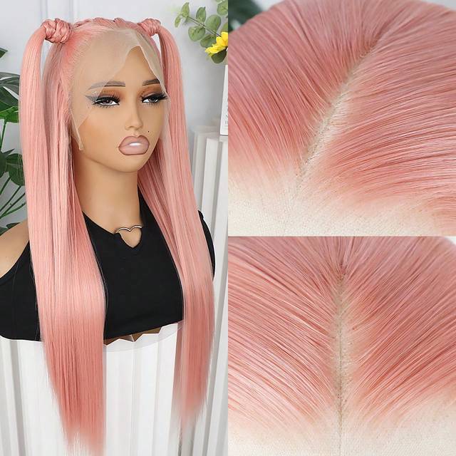SHEIN Pink Color Hair Synthetic Lace Front Wigs 13x4 Free Part 28 Inches Long Straight Wigs HD Lace Pre Plucked Baby Hair Natural Hairline Glueless Frontal