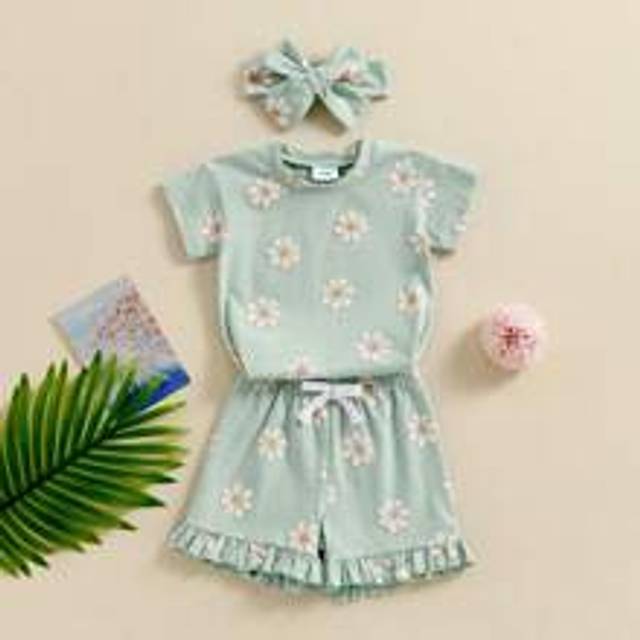 Småbarn Flickor Sommarkläder Blommiga kortärmade T-shirts Toppar Shorts 2 st Klädset 6M-3T - Grön (9-12M,12-18M,18-24M,2-3Y,3-6M)