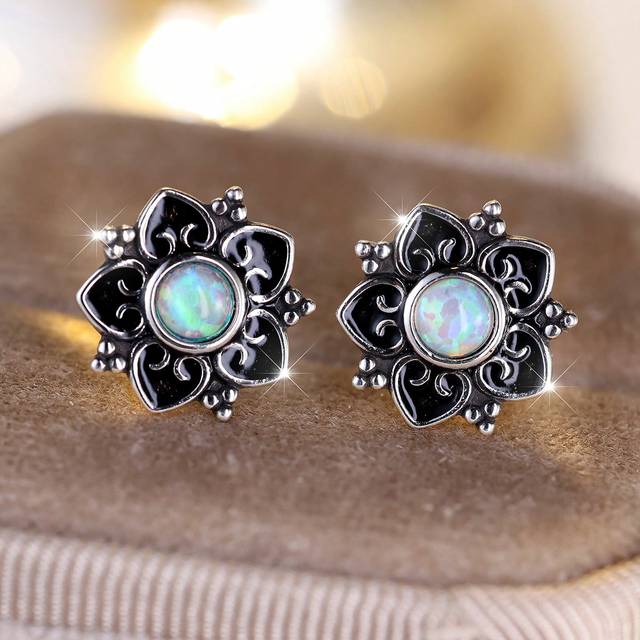 SHEIN 1pair Vintage S925 Sterling Silver Australian Crystal Flower Stud Earrings For Women, Dating Gift Valentines