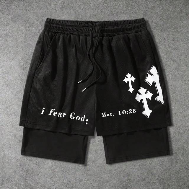 Manfinity Men&#39;s Cross Printed Slogan Drawstring Waist Double-Layer Versatile Casual Shorts Graphic Mesh Shorts, For Husband, Boyfriend Gifts