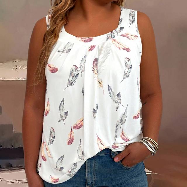 Niay Plus Size Women&#39;s Feather Print Round Neck Pleated Loose Tank Top For Summer Graphic Tees Women Tops