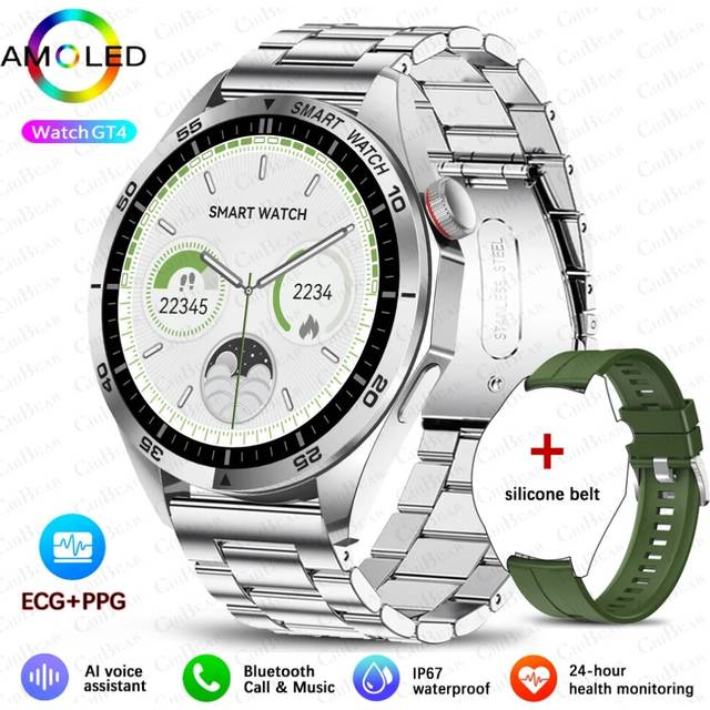 (silver steel) For Android IOS Smartwatch Men's Watch 4 Pro AMOLED HD Screen Bluetooth