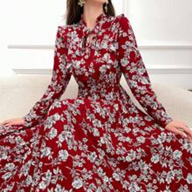 Elegant blommig allovertryck långärmad midiklänning med spännad midja för vår/sommar till nyår Kläder Maxi dam outfit - Röd (L,M,S,XL,XXL)
