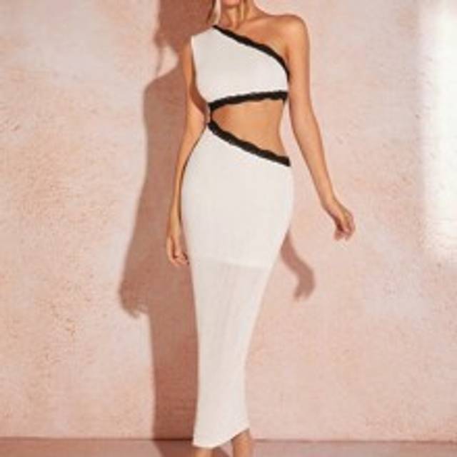 Bodycon midiklänning för kvinnor, vit, sommar Casual Elegant Hollow Out One-Soulder Lace Patchwork Color Block Klänning för semester - Vitt (L,M,S,XL,XS,XXL,XXS,XXXL,XXXXL)