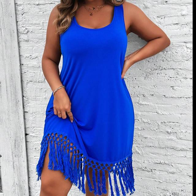 Travachic Plus Size Summer Vacation Sleeveless Patchwork Tassel Knitted Blue Dress