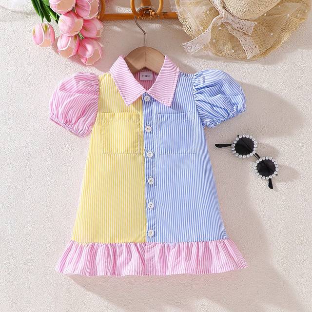 SHEIN Minimalist Striped Bubble Sleeve Baby Girl Daily Summer Dress