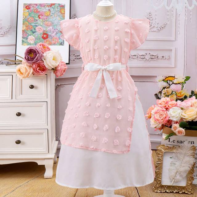 SHEIN Young Girl Sweet Lovely Contrast Swiss Dot Ruffle Trim Summer Dress