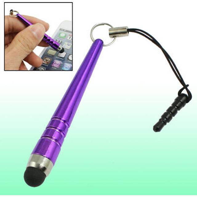Black rubber tip purple alloy cellphone touch stylus pen w 3.5mm ear