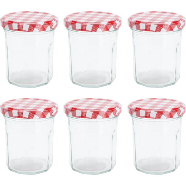 Jam Jars 190ml Wide Glass Preserve Pot Hexagon Gingham Red Lid 6x