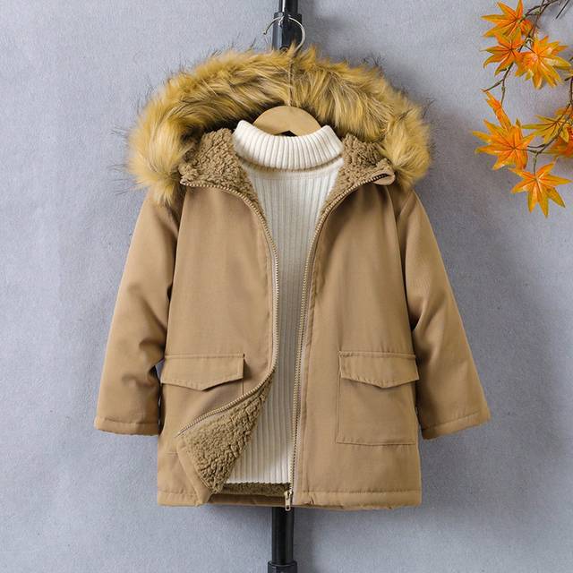 SHEIN Young Boy Casual Khaki-Colored Workwear Fleece Long Hooded Coat With Patch Pockets, Suitable For Autumn/Winter, Outwear For Various Occasions,Holiday,