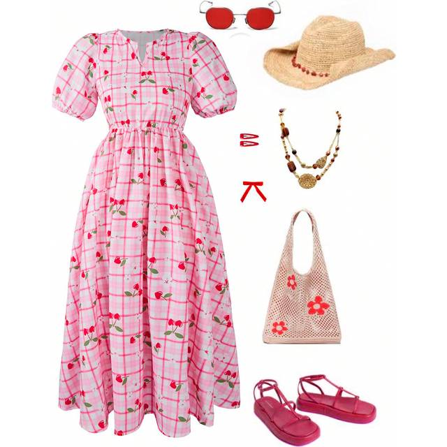 SHEIN Tween Girls&#39; Ditsy Floral Short Sleeve Dress, Perfect For Vacation, Picnic, And Play
