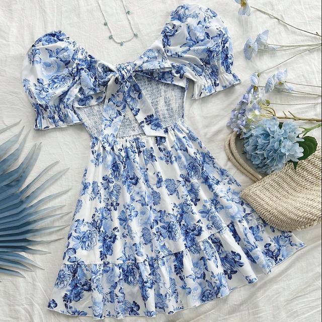 Soleia Women&#39;s Vacation Style Front Knot Puff Sleeve Ruffled Backless With Butterfly Tie Dye Watercolor Print Dress, Suitable For Wedding, Beach, Music Festi
