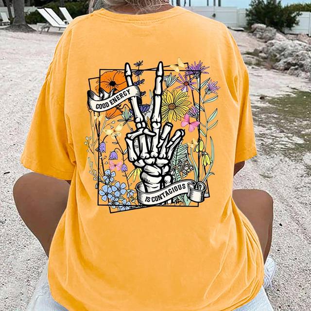 INAWLY Women&#39;s Summer Flower Skull With Hand Print Loose Casual T-Shirt With Drop Shoulder And Round Neck Graphic Tees Women Tops