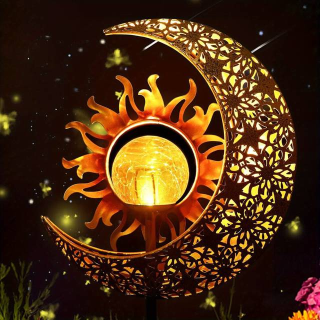(Sun&Moon) 1pack Sun & Moon Crackle Glass Globe Solar Lights for Outdoor Decoration