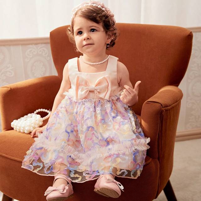 SHEIN Baby Girls&#39; Cute Sleeveless Mesh Dress With 3D Flower Embellishments For Spring & Summer
