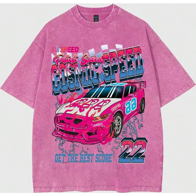 ROMWE MEN Men&#39;s Vintage Race Car Print Washed And Distressed Short Sleeve Racing T-Shirt, High Street Style, Summer, School