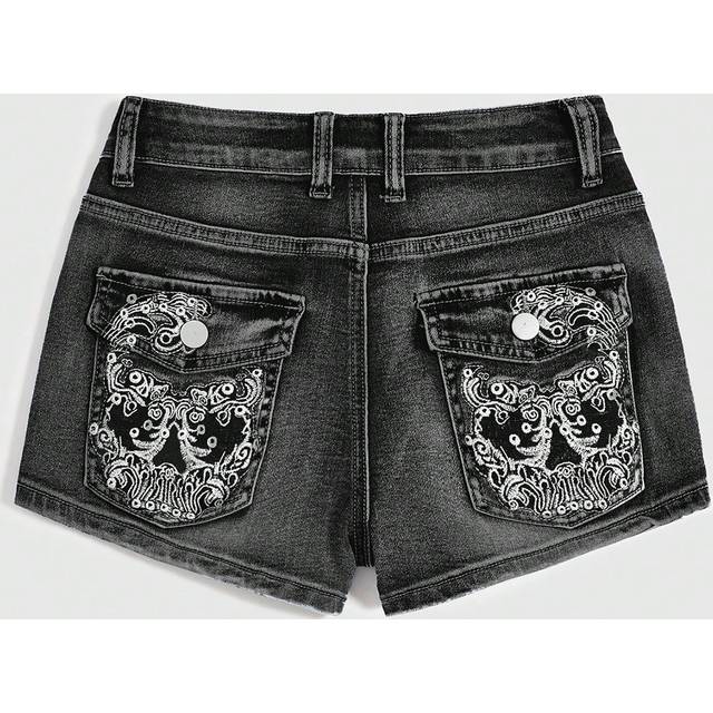 ROMWE Plus Size Gyaru Floral Embroidery Denim Shorts, School