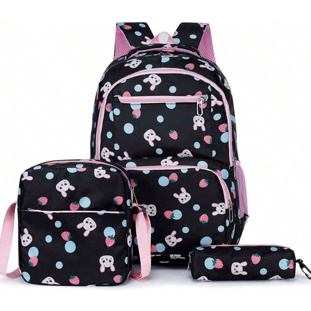 SHEIN Rabbit Graphic New Three-Piece Girls And Boys Bag Set, Primary /Secondary /High School Students Large-Capacity Backpack, Multi-Functional Messenger Ba