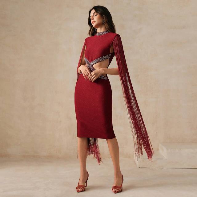 Anewsta Starlight Trail: Silver Crystal Fringed Hollow Out Evening Dress For Summer