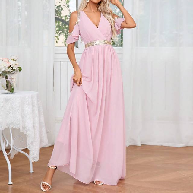 SHEIN Glitter Ribbon Splicing Open Shoulder Waist-Cinched Dress