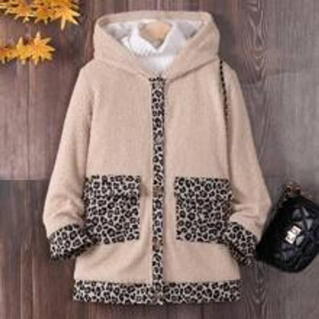 Tween Flicka Leopard Mönster Dubbla Fickor Huva Teddy Kappor utan Tröja - Beige (8Y,9Y,10Y,11-12Y)