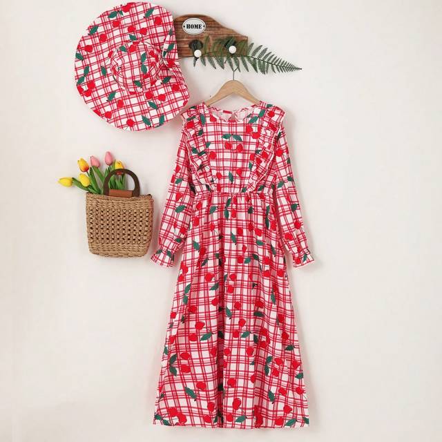 SHEIN Girls&#39; (Big) Casual Sweet Cherry Plaid Ruffle Collar Long Sleeve Dress With Hat, Ideal For Vacation