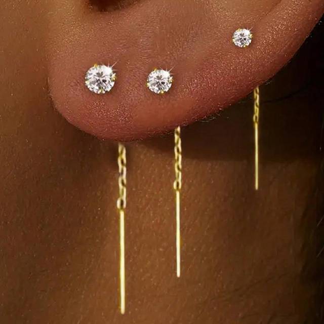 SHEIN 3Pcs Tassel Cubic Zirconia 925 Sterling Cubic Zirconia Silver Earring For Women Classic Drop Earring 18K Gold Suitable For Mom Gift Bridal Jewelry Fin