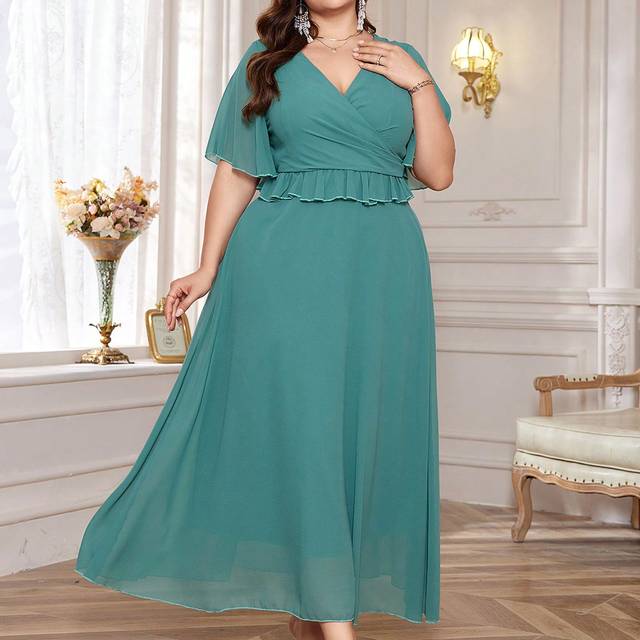 Modelyn Plus Size Women&#39;s V-Neck Short Sleeve Ruffle Hem Dress, Wedding Guest Dress Women Outfit Long Evening Dresses Fall Cloth For Women
