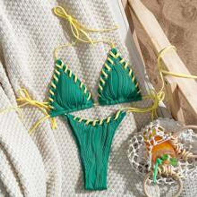 Halterneck för damer Holiday Triangel BH och rem Bikini Bottenset, Separerad Bikini, Sommarstrand - Grön (L,M,S,XL,XS)
