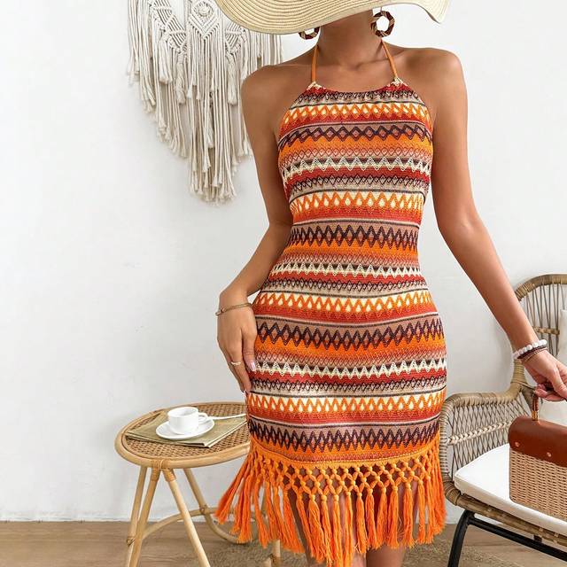 Calvaya Women Hawaii Style Casual Beach Vacation Geometric Print Spaghetti Strap Dress For Summer